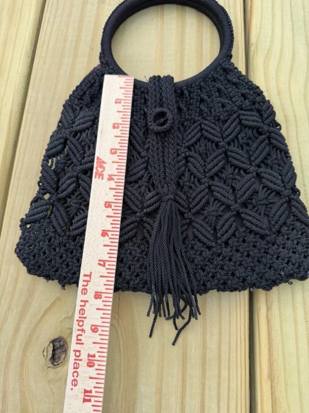 Vintage 70s black crochet top handle fringe bag festival indie retro